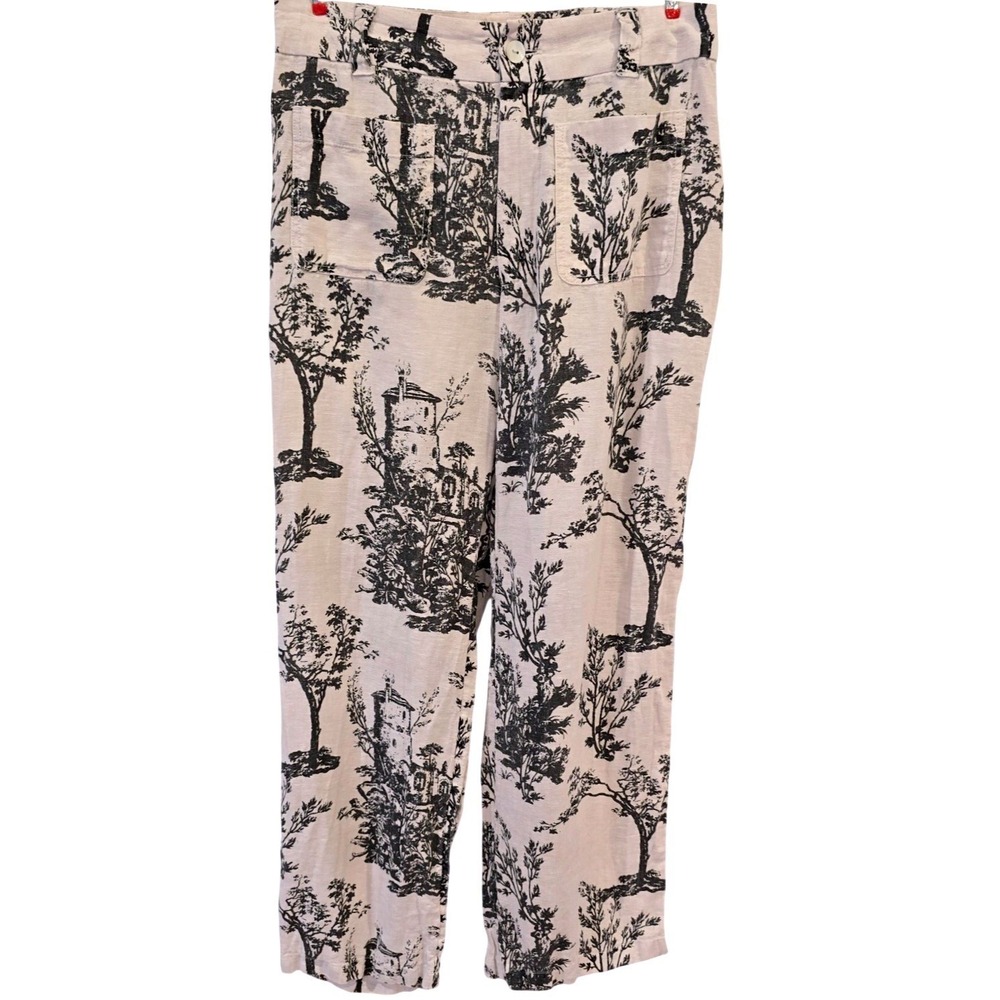 Joie 100% Linen Cropped Wide Leg Toile de Jouy Print High Rise Pants Size 4